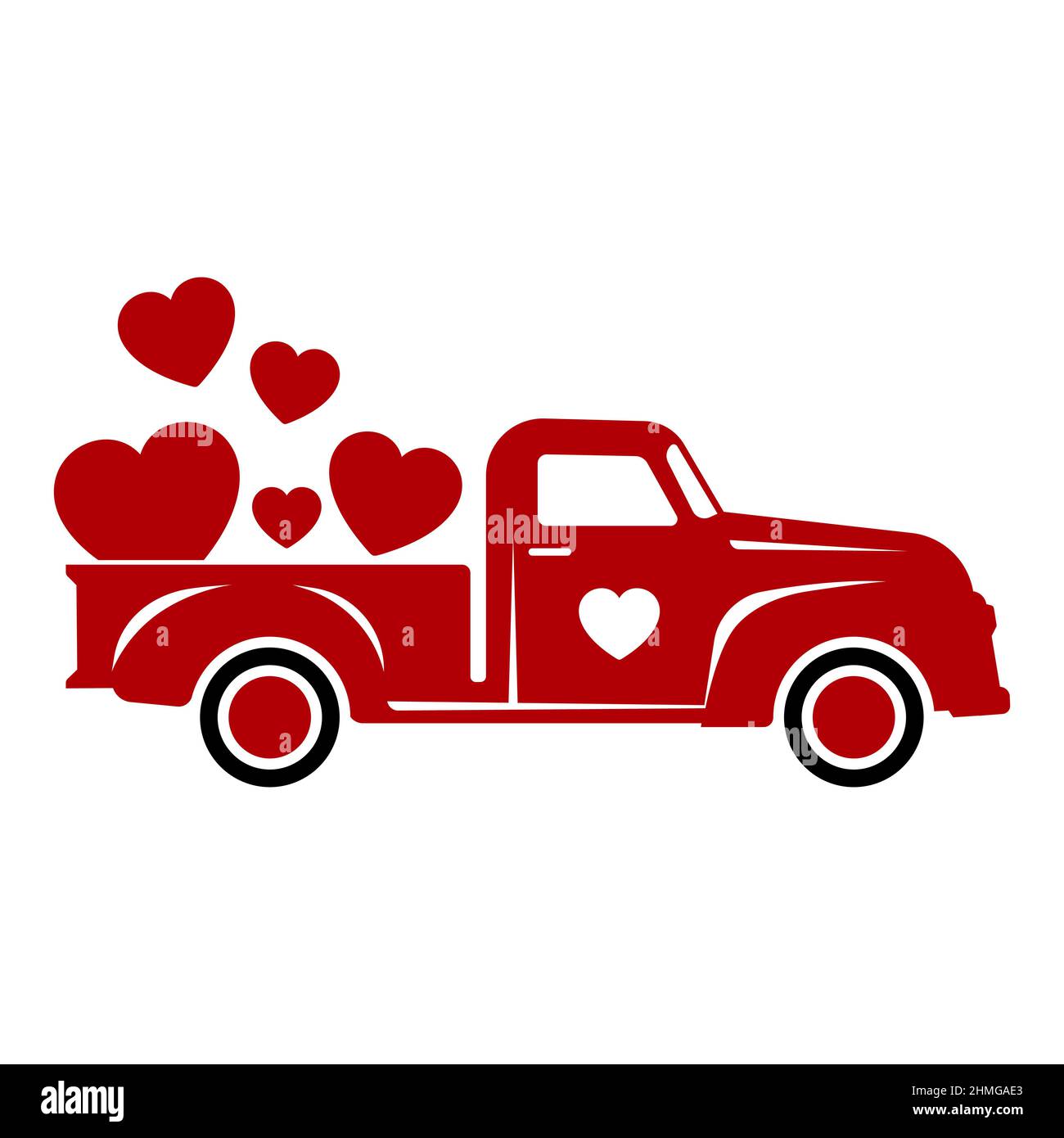 Rouge rétro Saint-Valentin camion avec coeur illustration vectorielle isolée sur fond blanc. Illustration de Vecteur