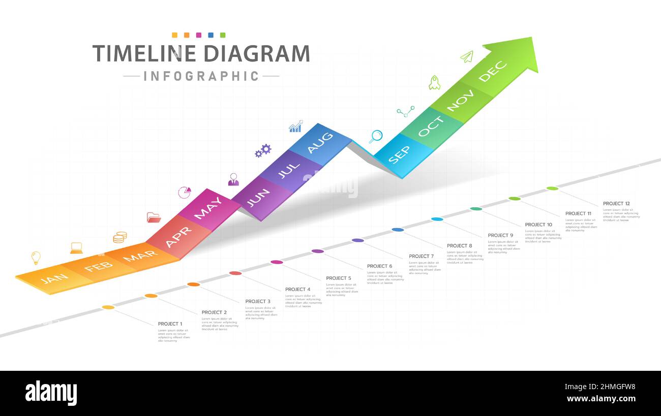 Modèle d'infographie pour les entreprises. Calendrier de diagramme de la chronologie moderne de 12 mois avec graphique de croissance, infographie de vecteur de présentation. Illustration de Vecteur