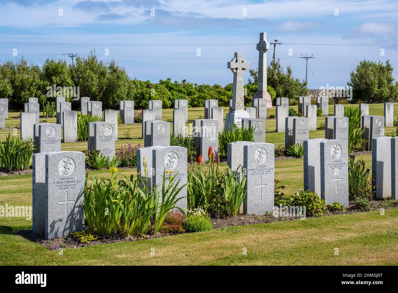 Tombes de guerre du Commonwealth au cimetière naval de Lyness, Lyness, île de Hoy, Orkney, Écosse, ROYAUME-UNI Banque D'Images