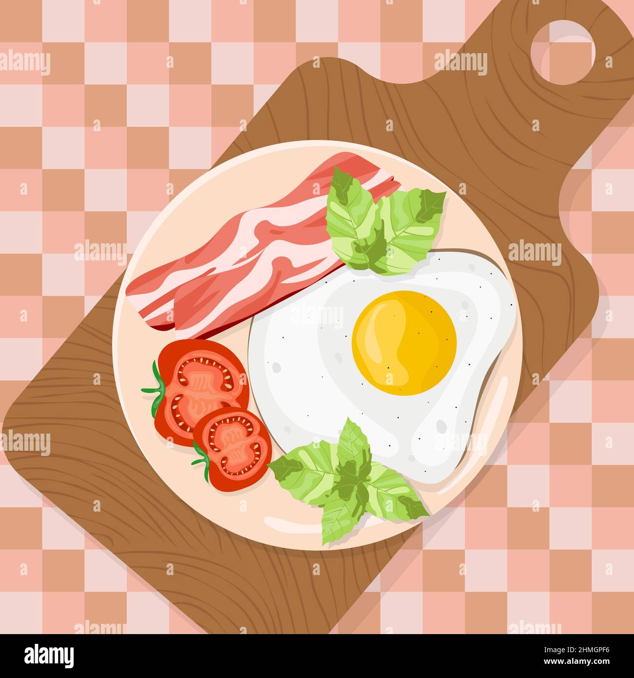 Œufs frits avec bacon et tomates pour le petit déjeuner. Illustration de Vecteur