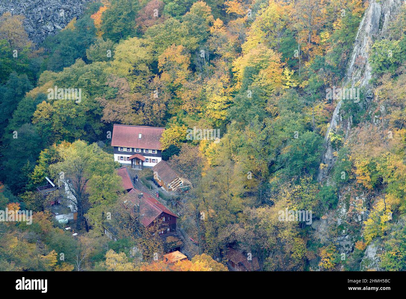 Vue de Hexentanzplatz (site de danse des sorcières) au Bodetal, Thale, Harz, Saxe-Anhalt, Allemagne Banque D'Images