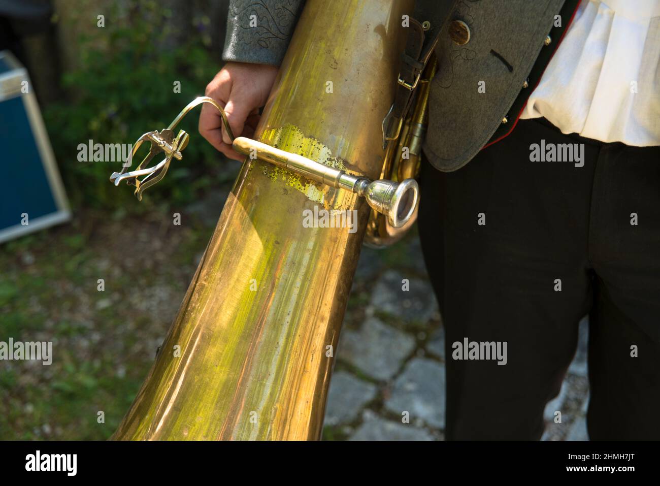Musicien avec tuba, détail, musique folk, Bavière Banque D'Images