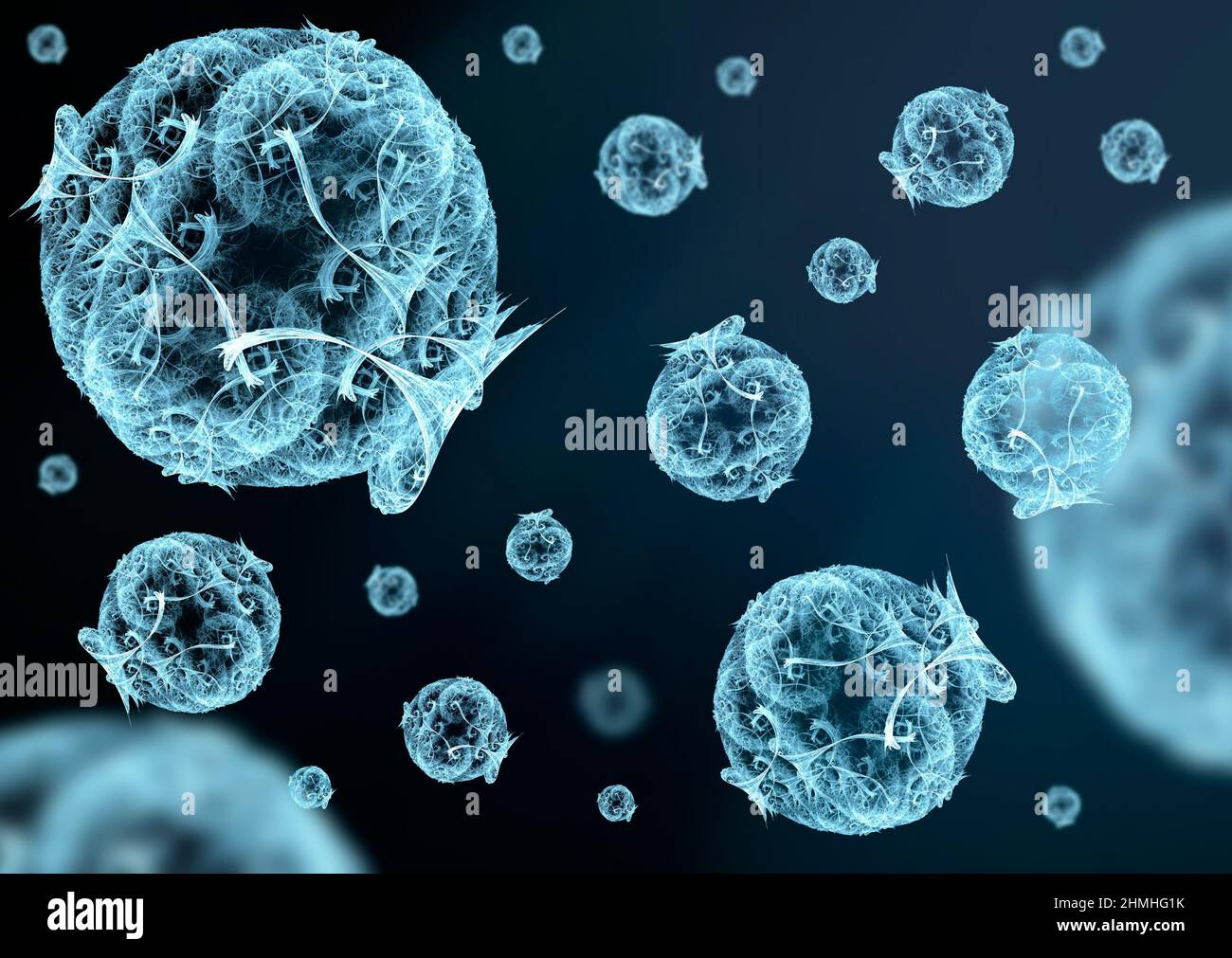 différents virus ou bactéries se dispersent autour. 3d rendu fractal . Conception et formes abstraites, graphiques informatiques. Banque D'Images