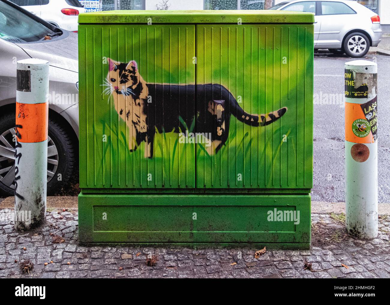 Peinture de chat. Animaux félins Illustration sur une boîte utilitaire à Mitte, Berlin, Allemagne Urban Wildlife Banque D'Images