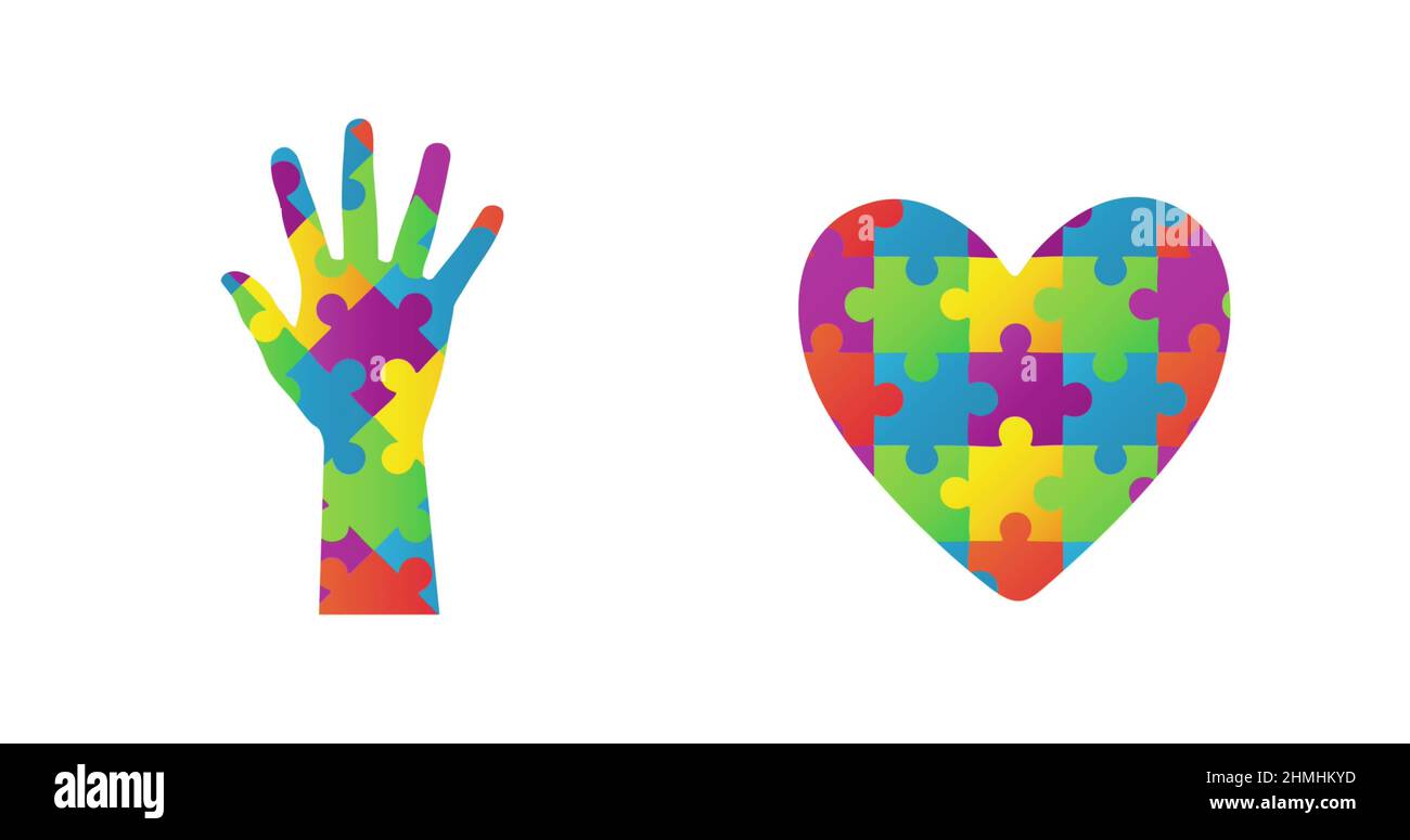 Image de pièces de puzzle couleur de l'autisme formant main et coeur sur fond blanc Banque D'Images