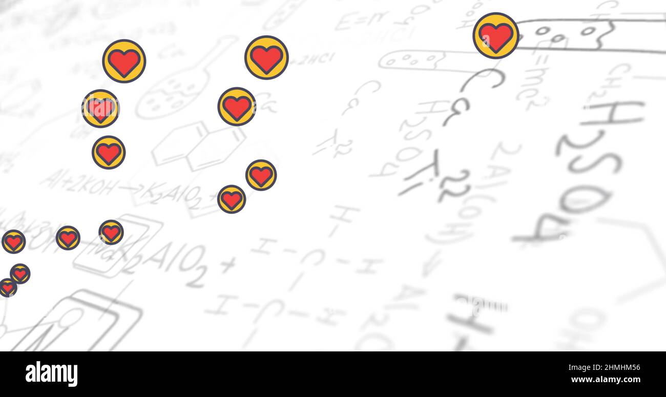 Image des icônes émoji du cœur flottant sur des formules chimiques sur fond blanc Banque D'Images