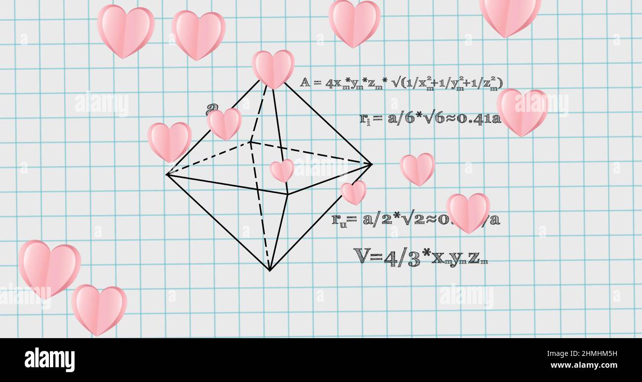 Image des coeurs tombant sur des équations mathématiques dans le carnet scolaire Banque D'Images