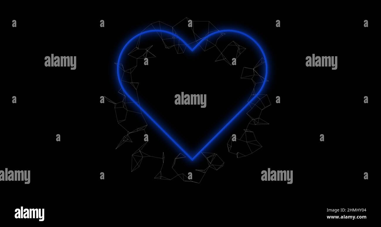 Illustration de l'icône en forme de cœur néon qui clignote sur les connexions tournant sur fond noir Banque D'Images
