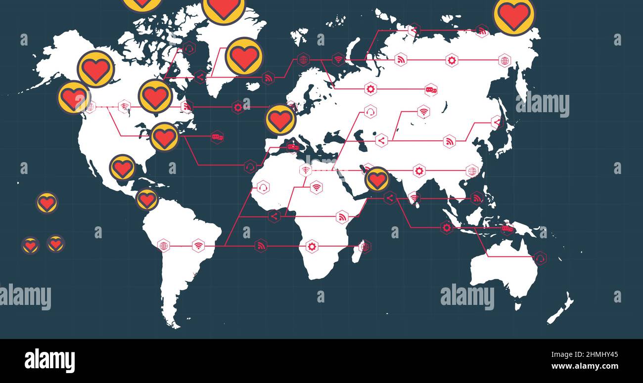 Plusieurs icônes en forme de cœur sur la carte du monde sur fond bleu Banque D'Images