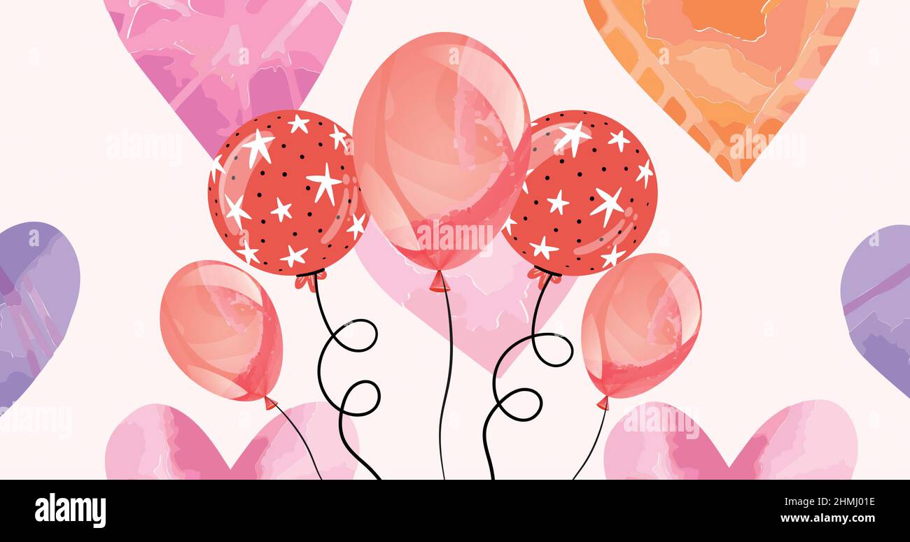 Image de ballons et de coeurs colorés sur fond rose Banque D'Images