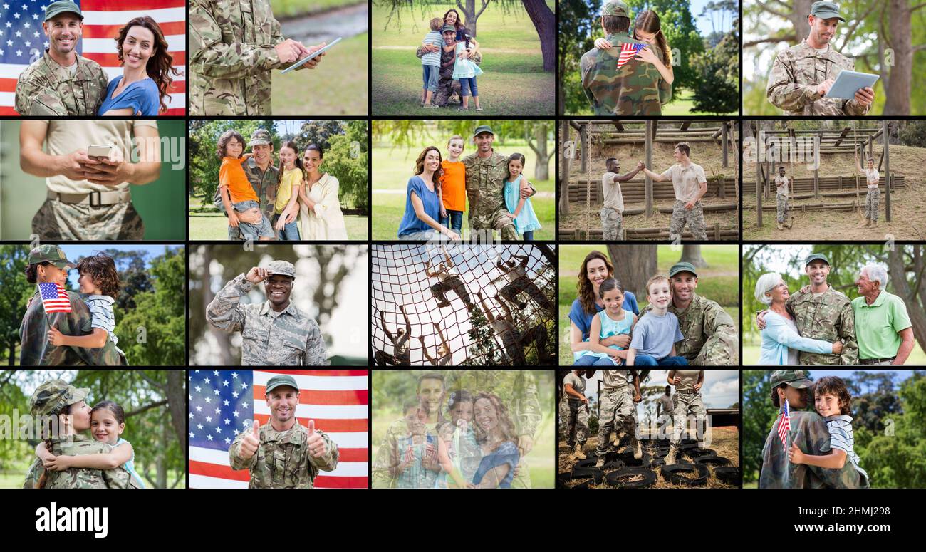 Collage numérique composite de soldats multiraciaux avec famille multiraciale Banque D'Images