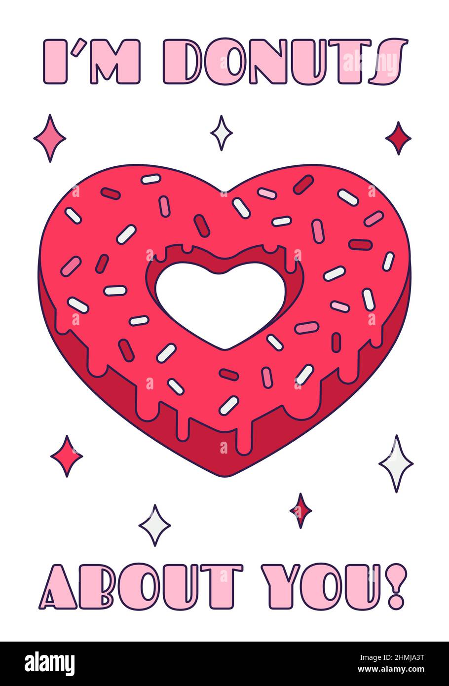 Mignon coeur de beignet de Saint-Valentin avec citation de pun - ''Je suis donut à propos de vous' dans le style de dessin animé rétro. Illustration vecteur d'amour pour étiquettes de faveur, cartes postales, g Illustration de Vecteur