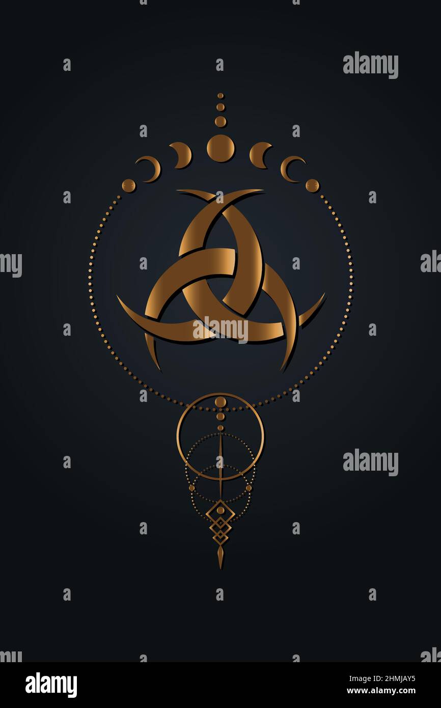 Phases de lune du dreamcatcher doré et trois cents de lune entrelacés. Symbole de religion, icône Odin. Luxe doré Celtic sacré fleur divination Wiccan Illustration de Vecteur