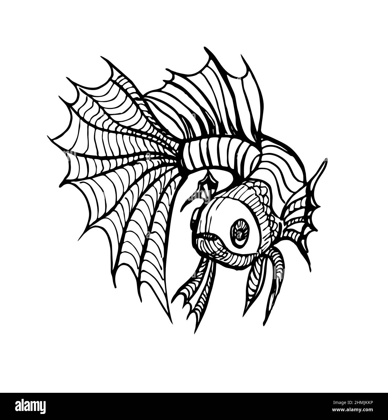 Dessin vectoriel noir et blanc d'un poisson. Tatouage sur un thème marin. Illustration de Vecteur
