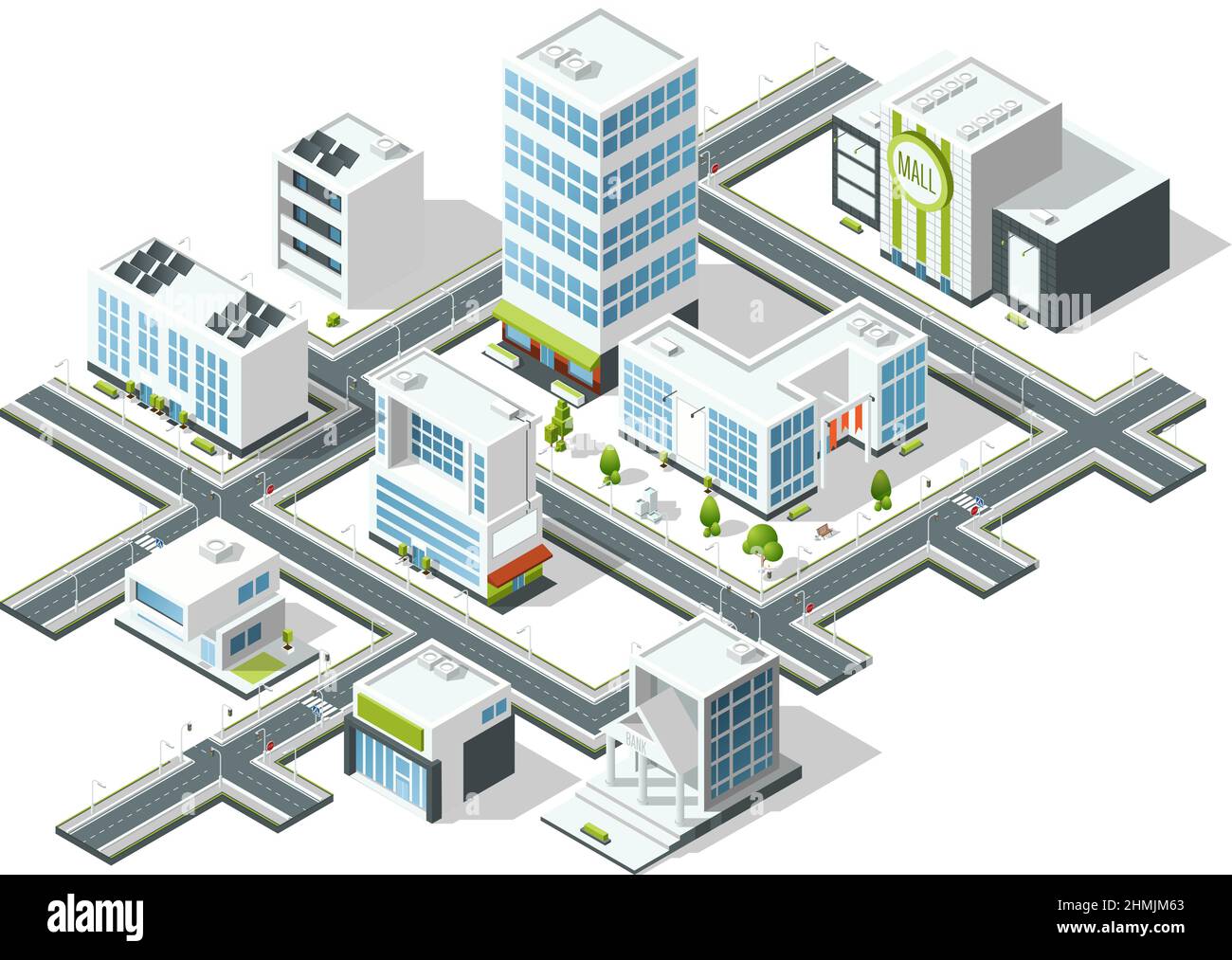 Ville isométrique. Paysage du centre-ville avec de grands immeubles de bureaux Illustration de Vecteur