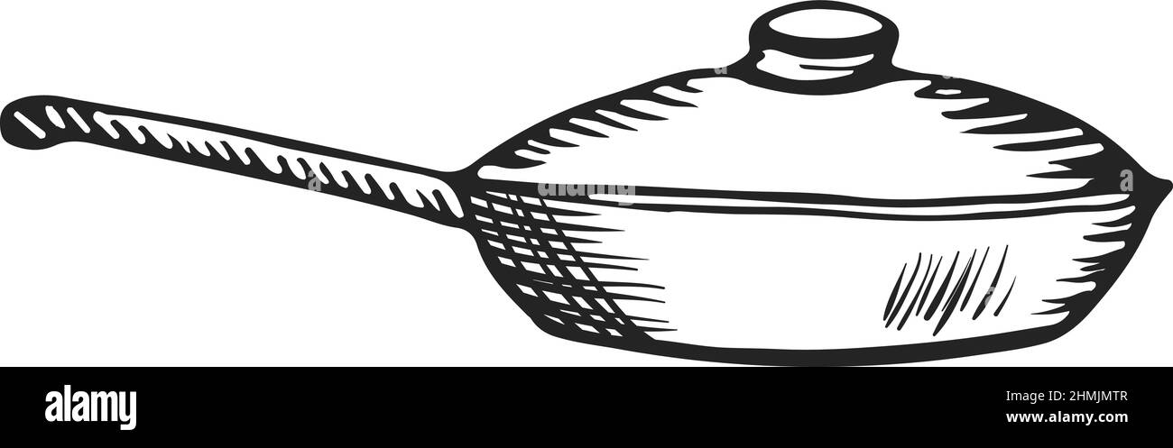 Poêle avec couvercle. ustensiles de cuisine en métal dessinés à la main Illustration de Vecteur