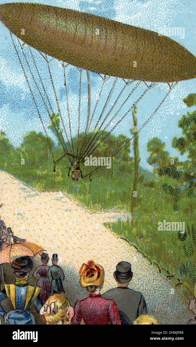 Représentation du ballon Santos Dumont n 1 cree par le Brésilien Alberto SANTOS-DUMONT (1873-1932) au jardin d’Acclimatation de Paris en septembre 1898 (Airship N 1 dirigible by Alberto Santos-Dumont Brazilian Airaut, sportif, inventeur) Chromolithographie de la fin du 19eme siecle Collection privee Banque D'Images
