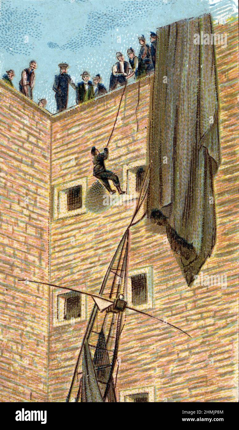 Accident du ballon Santos Dumont n 5 cree par le Brésilien Alberto SANTOS-DUMONT (1873-1932) le 8 aout 1901 qui apres un dégondement incontrolable heurte un immeuble du quai de Passy et reste suspendu au cinéquieme Etage (Airship N 5 digible by Alberto Santos-Dumont, sportif brésilien Inventeur finit par écraser son avion dans l'Hôtel Trocadéro, Paris) Chromolithographie de la fin du 19eme siecle Collection privee Banque D'Images