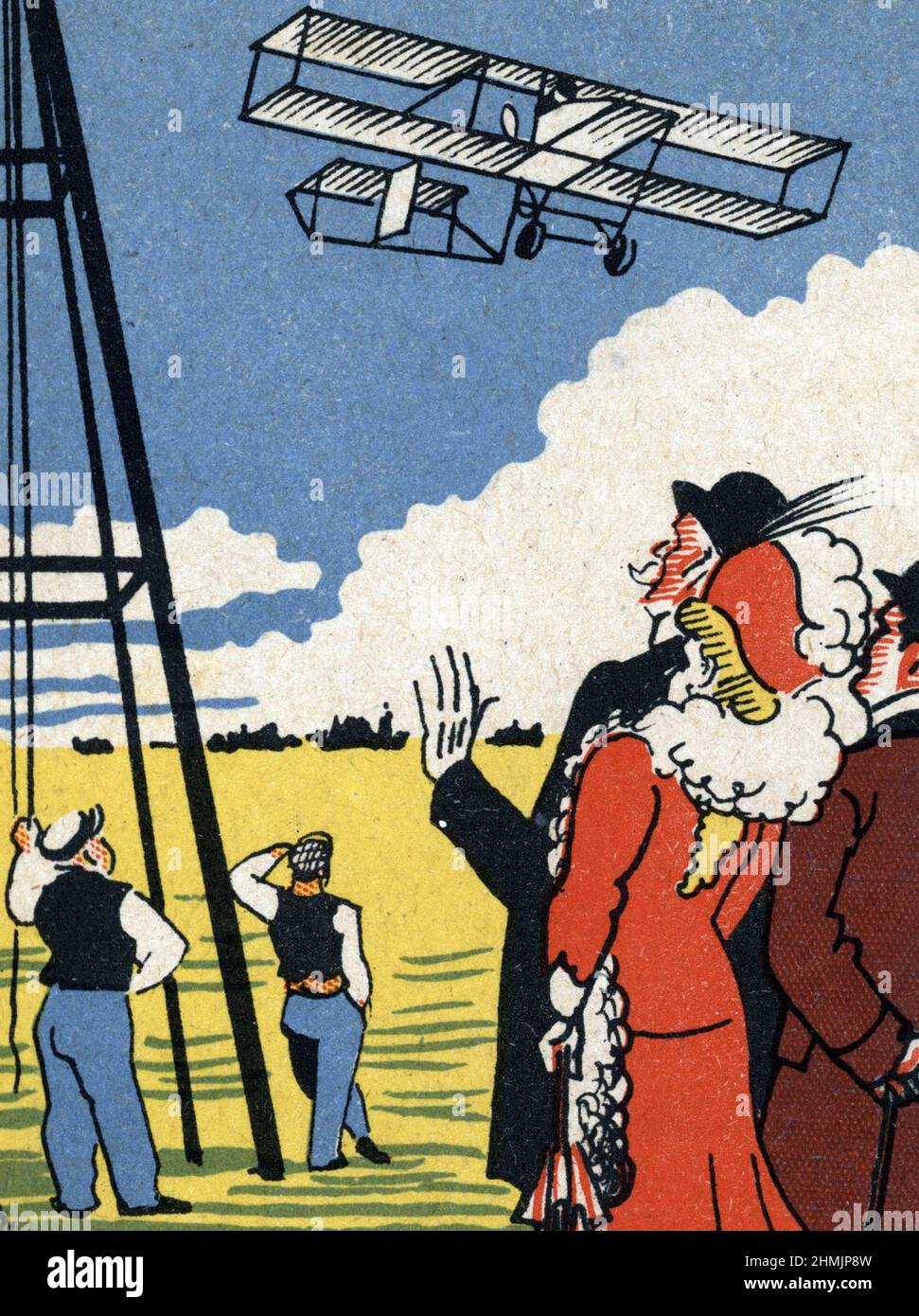 Premier vol d'un avion des freres Voisin commandde par Henri Farman : Voisin-Farman I) (Voisin-Farman 1 ou Voisin 1907 biplan effectuant le premier vol en circuit fermé au kilomètre en Europe) Chromolithographie debut 20eme Collection privee Banque D'Images