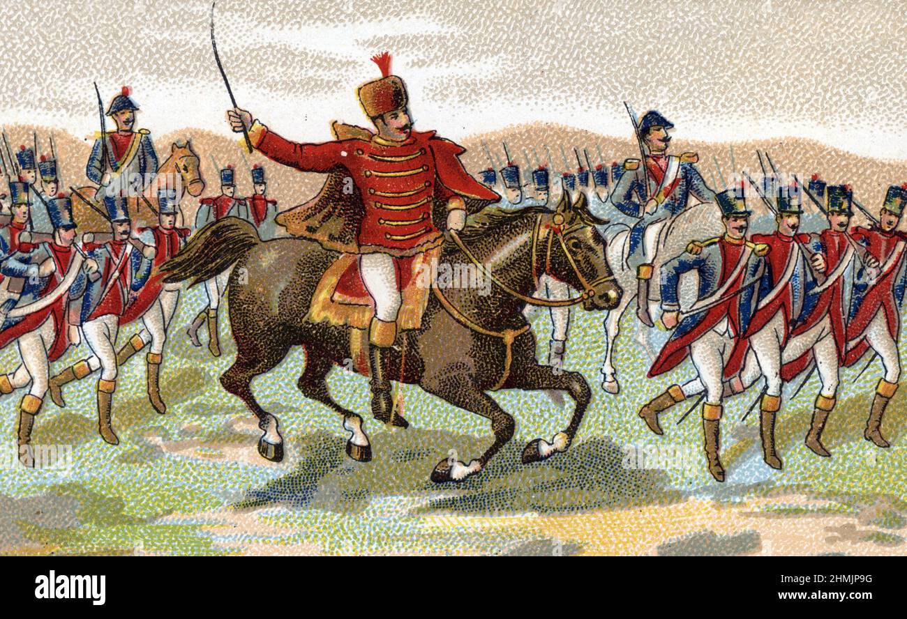 'Joachim Murat (1767-1815) a la bataille de Iena le 14 octobre 1806' (bataille de Jena–Auerstedt : le maréchal Joachim Murat, le plus célèbre des nombreux commandants de cavalerie français audacieux et charismatique de l'époque, dirige une charge pendant la bataille de l'iena) Chromolithographie de la fin du 19eme Collection privee Banque D'Images