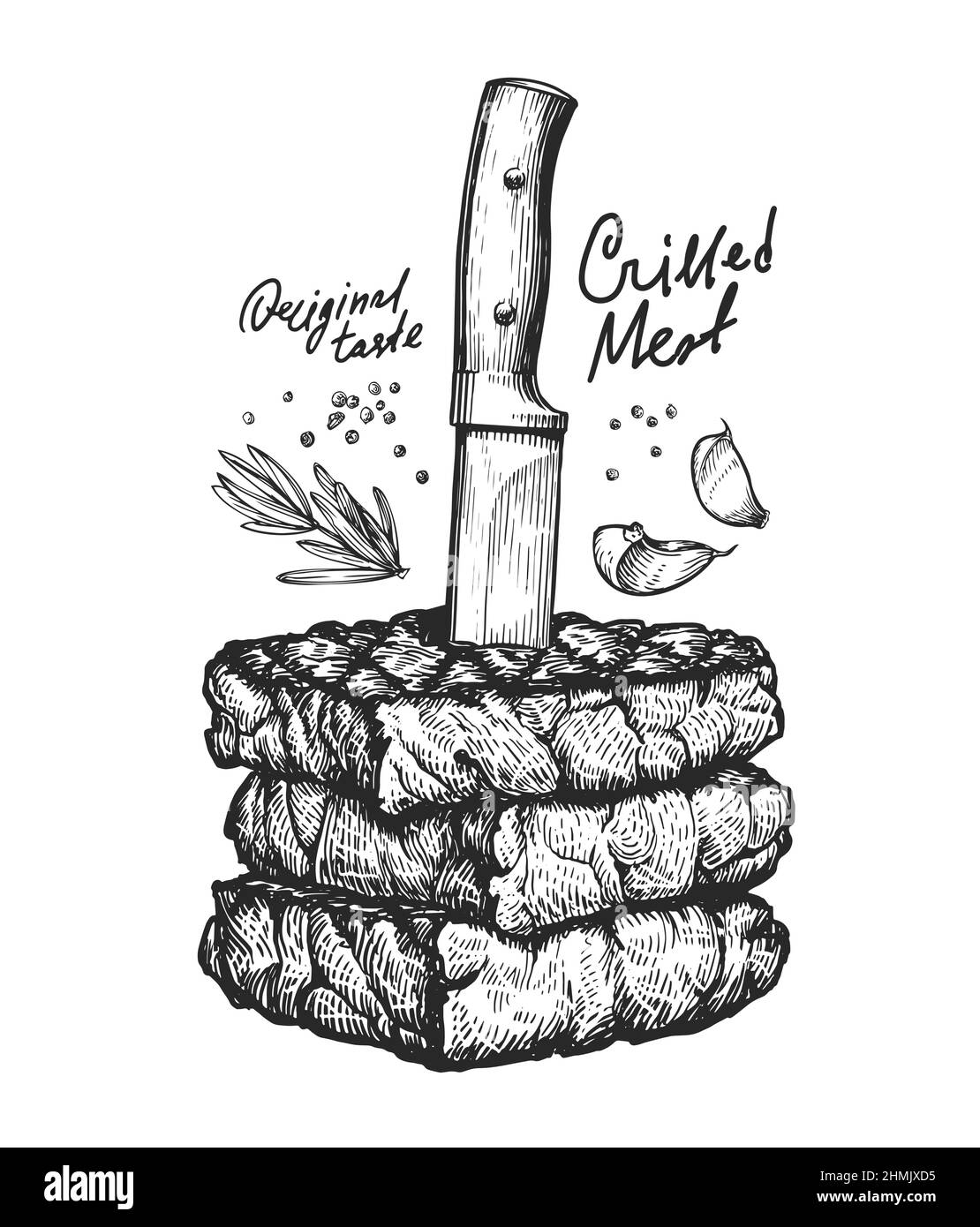 Couteau et steaks, esquisse vectorielle. Cuisson de la viande pour barbecue illustration de style vintage Illustration de Vecteur