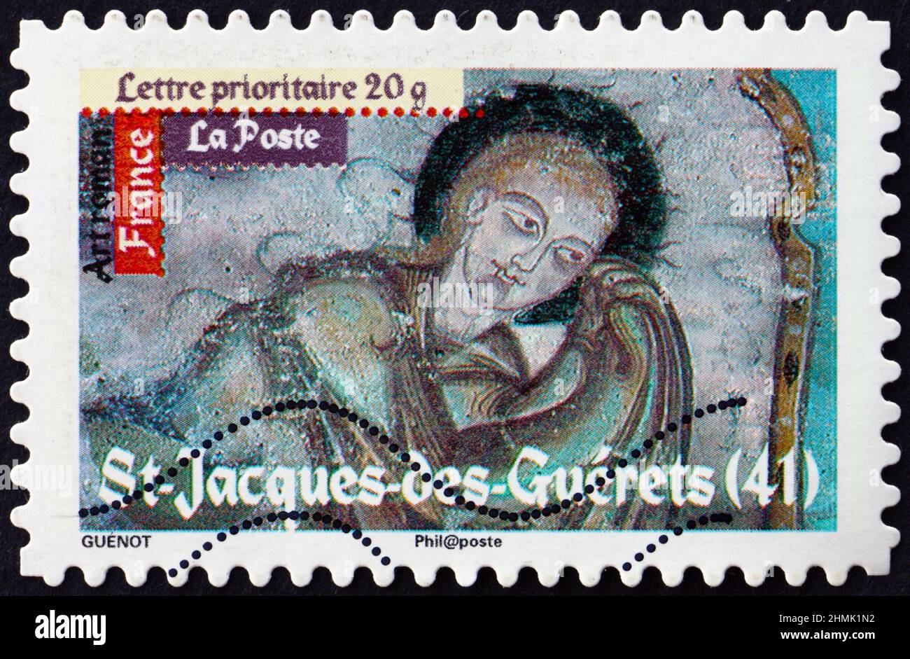 FRANCE - VERS 2010 : un timbre imprimé en France montre fresque, église Saint Jacques des Guérets, construite au 12th siècle, vers 2010 Banque D'Images