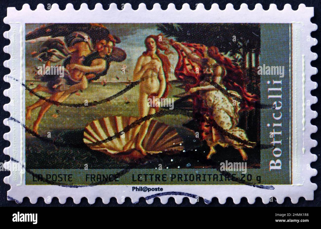 FRANCE - VERS 2008 : un timbre imprimé en France montre la naissance de Vénus, peinture de Sandro Botticelli, peintre italien, vers 2008 Banque D'Images