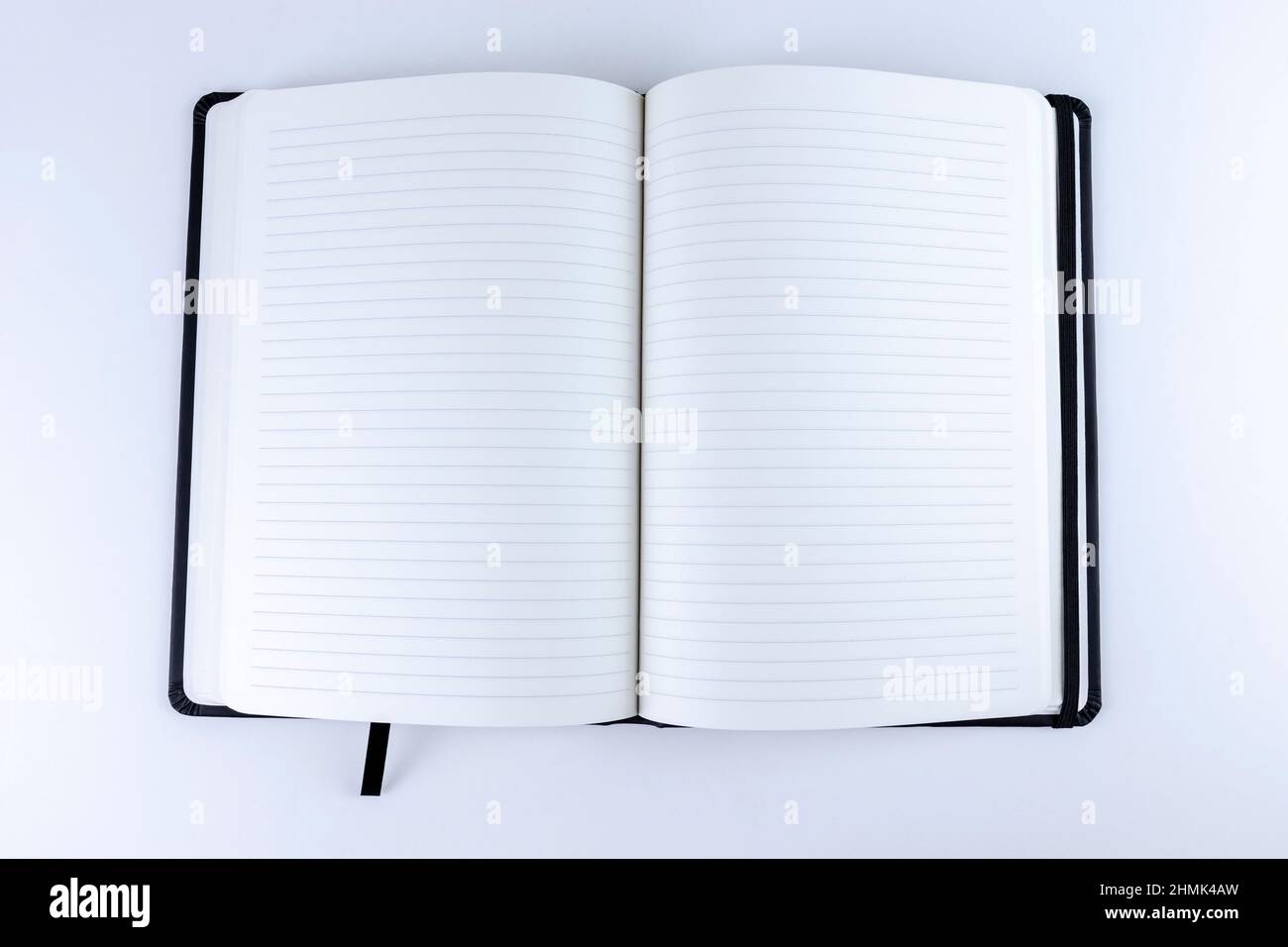 Livre de papier vierge doublé ouvert sur fond blanc. Espace de copie ou de maquette. Bloc-notes vide avec lignes pour agenda, notes ou croquis Banque D'Images