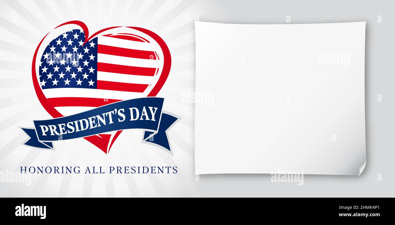 Carte de vœux Happy President's Day USA. Modèle de conception graphique abstrait isolé. Toile de fond publicitaire créative avec 3D feuilles de papier, stylet de dessin Illustration de Vecteur