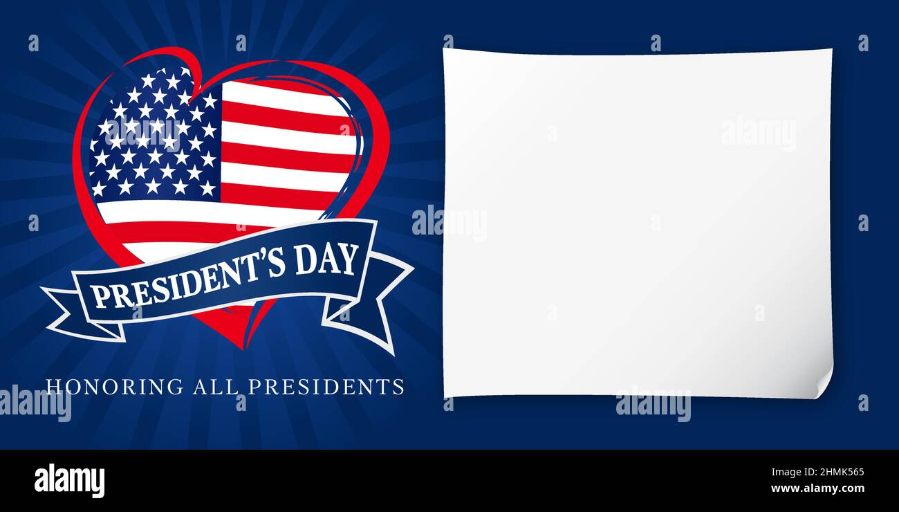 Carte de vœux Happy President's Day USA. Modèle de conception graphique abstrait isolé. Toile de fond publicitaire créative avec 3D feuilles de papier, stylet de dessin Illustration de Vecteur