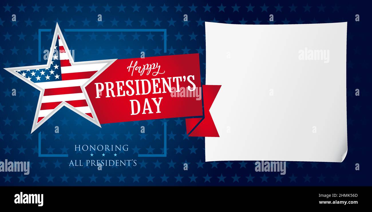 Carte de vœux Happy President's Day USA. Modèle de conception graphique abstrait isolé. Toile de fond publicitaire créative avec 3D feuilles de papier, étoile de la victoire Illustration de Vecteur