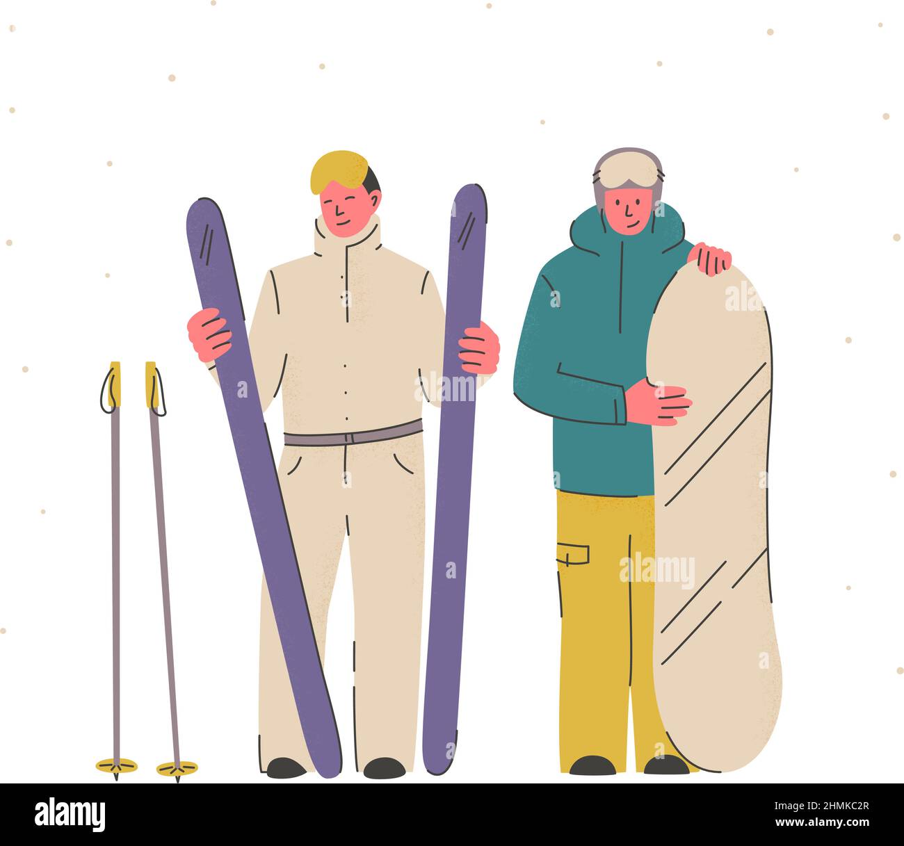 Skieur et snowboarder avec équipement de sport. Souriant avec surf des neiges et skis. Station de ski de montagne par temps de neige. En hiver, activités de plein air Illustration de Vecteur