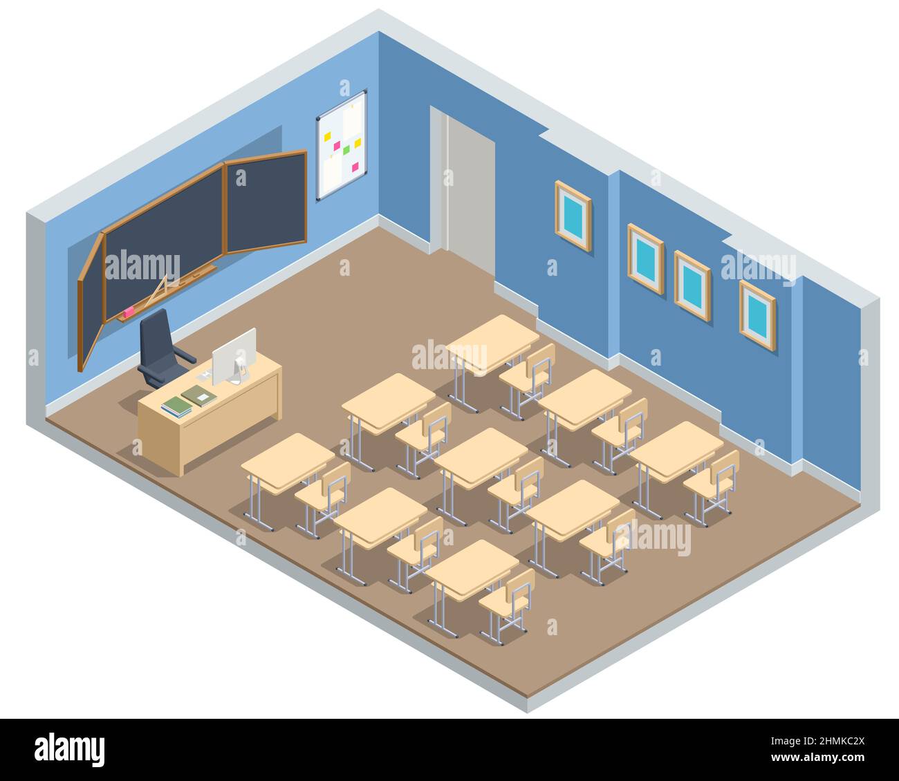Salle de classe isométrique vide. Éducation. Salle de classe avec bureaux, sièges et tableau noir modernes. Concept de retour à l'école. Illustration de Vecteur