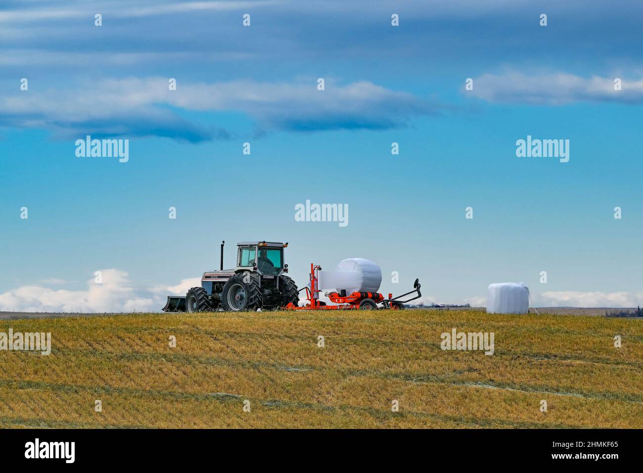 Agriculteur utilisant une presse à balles de foin de liage, Alberta, Canada Banque D'Images