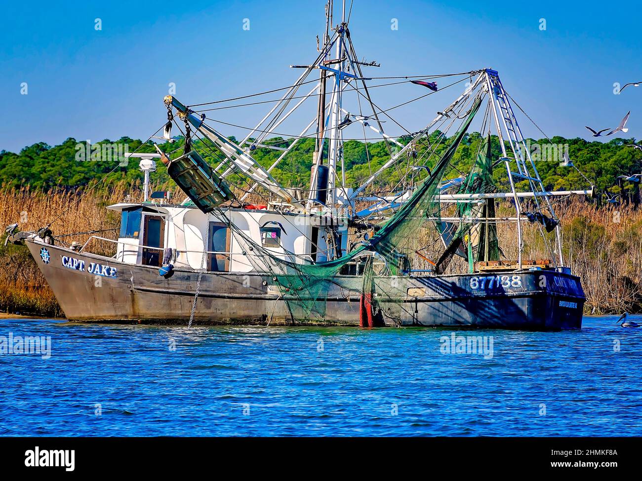 Un bateau à crevettes est photographié, le 9 février 2022, à Bayou la Batre, Alabama. L'industrie des fruits de mer est la principale industrie du petit village de pêcheurs. Banque D'Images