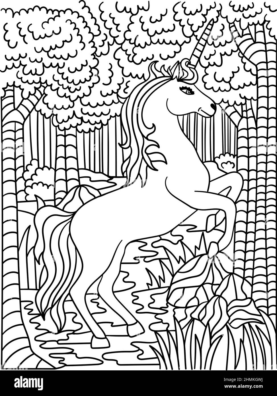 Licorne en page de coloriage de forêt pour adultes Illustration de Vecteur