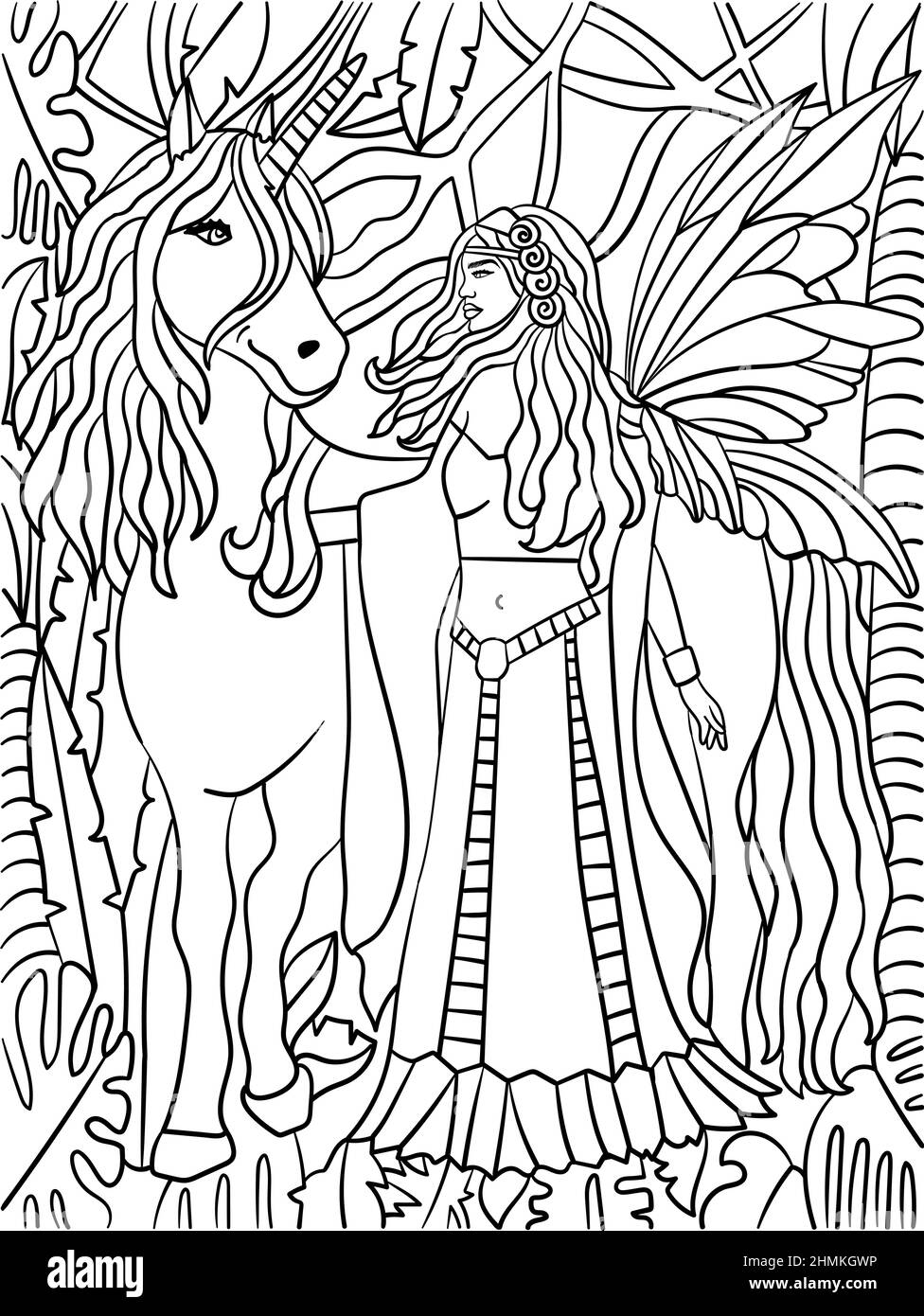 UNICORN Walking with Fairy coloriage page pour adulte Illustration de Vecteur