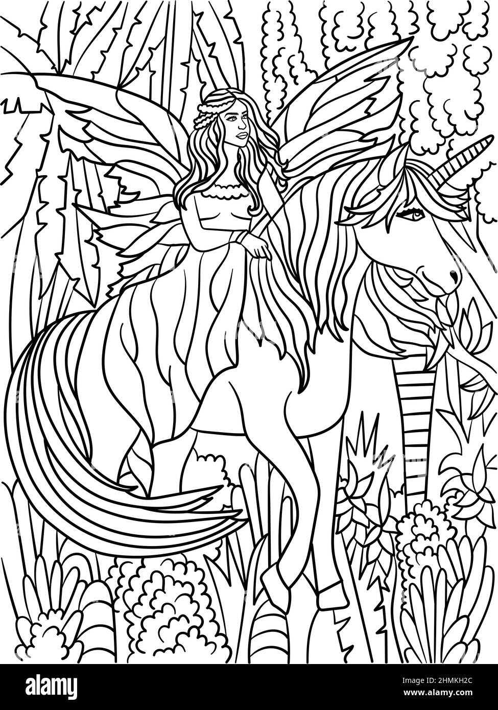 Page de coloriage pour adultes de Fairy Riding Unicorn Illustration de Vecteur