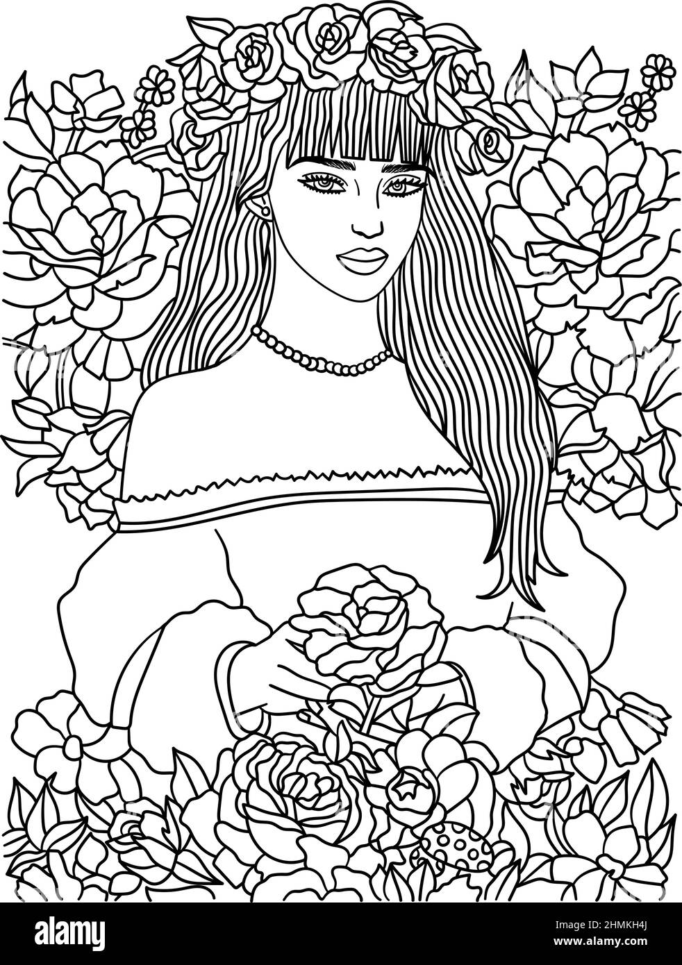 Belle page de coloriage de fille de fleur pour adultes Illustration de Vecteur