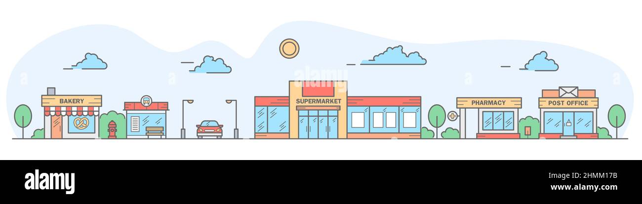 Horizon de la ville. Paysage avec maisons en rangée de boulangerie, arrêt de bus, super marché, pharmacie et bureau de poste. Panorama horizontal de la rue. Illustration vectorielle Illustration de Vecteur