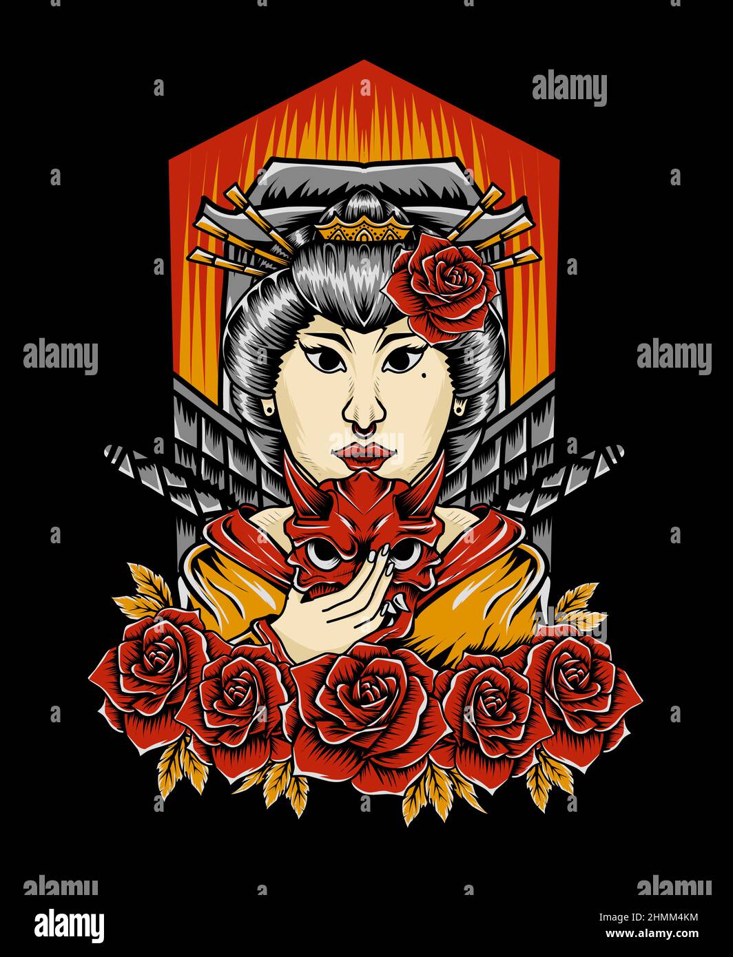 illustration geisha femme avec fleur rose Illustration de Vecteur