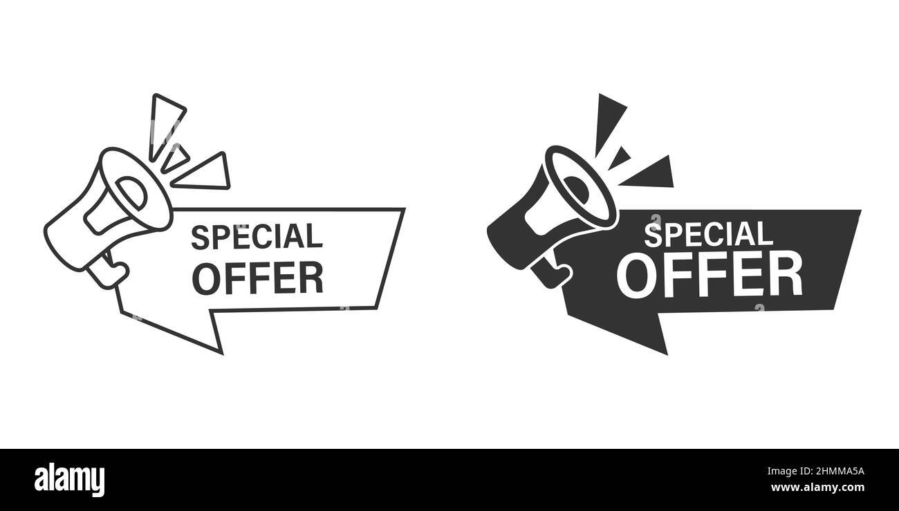 Étiquette d'offre spéciale de style plat.Mégaphone avec illustration de vecteur de réduction sur fond isolé.Concept commercial de l'enseigne de vente. Illustration de Vecteur