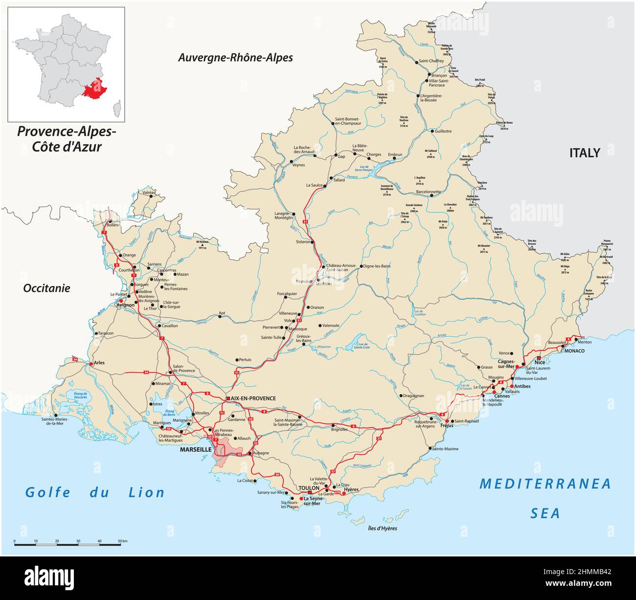 Carte routière de la région française de Provence-Alpes-Côte d'Azur Illustration de Vecteur