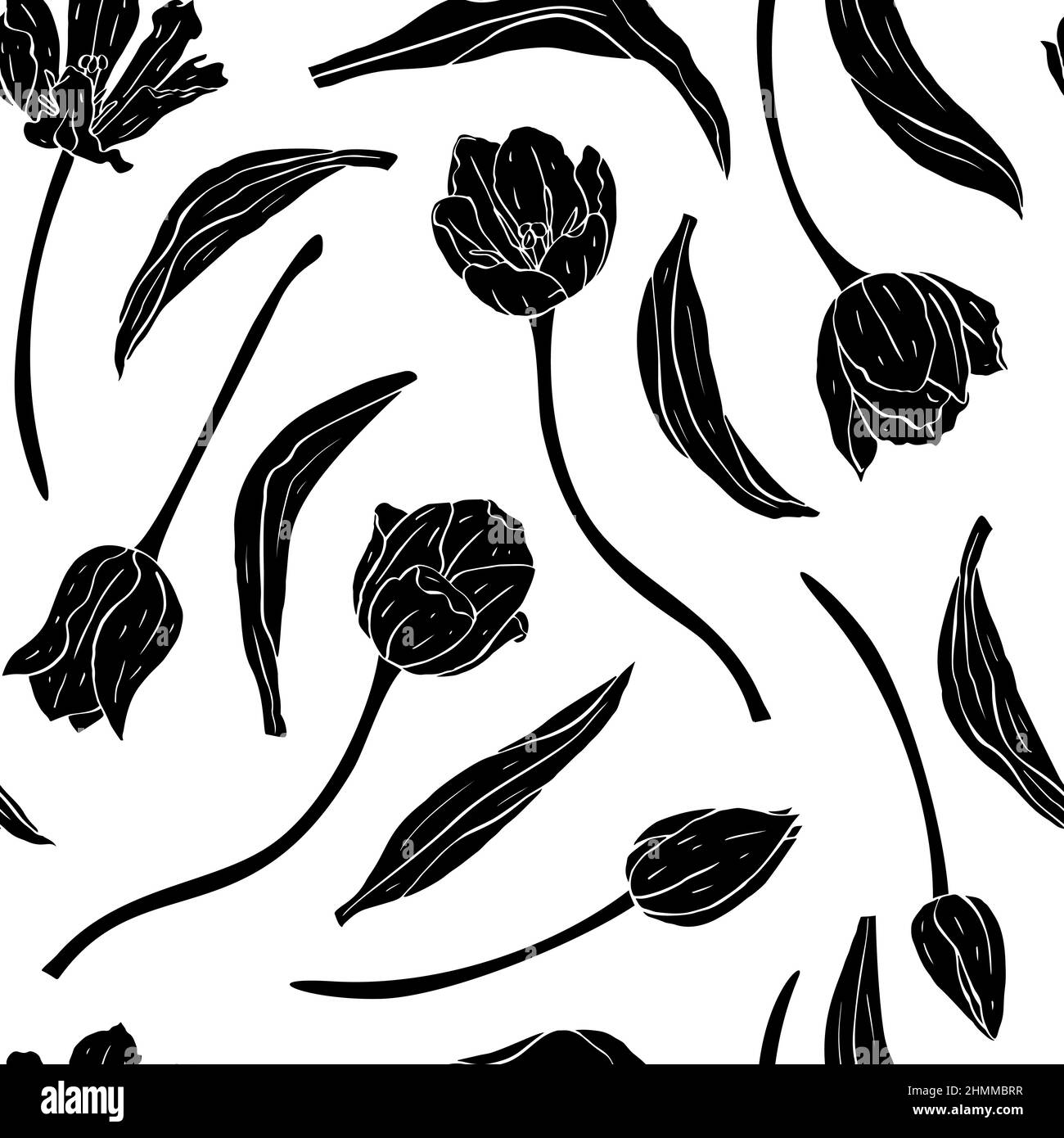 Motif monochrome vintage sans couture avec tulipes fleurs silhouettes noires sur blanc Illustration de Vecteur