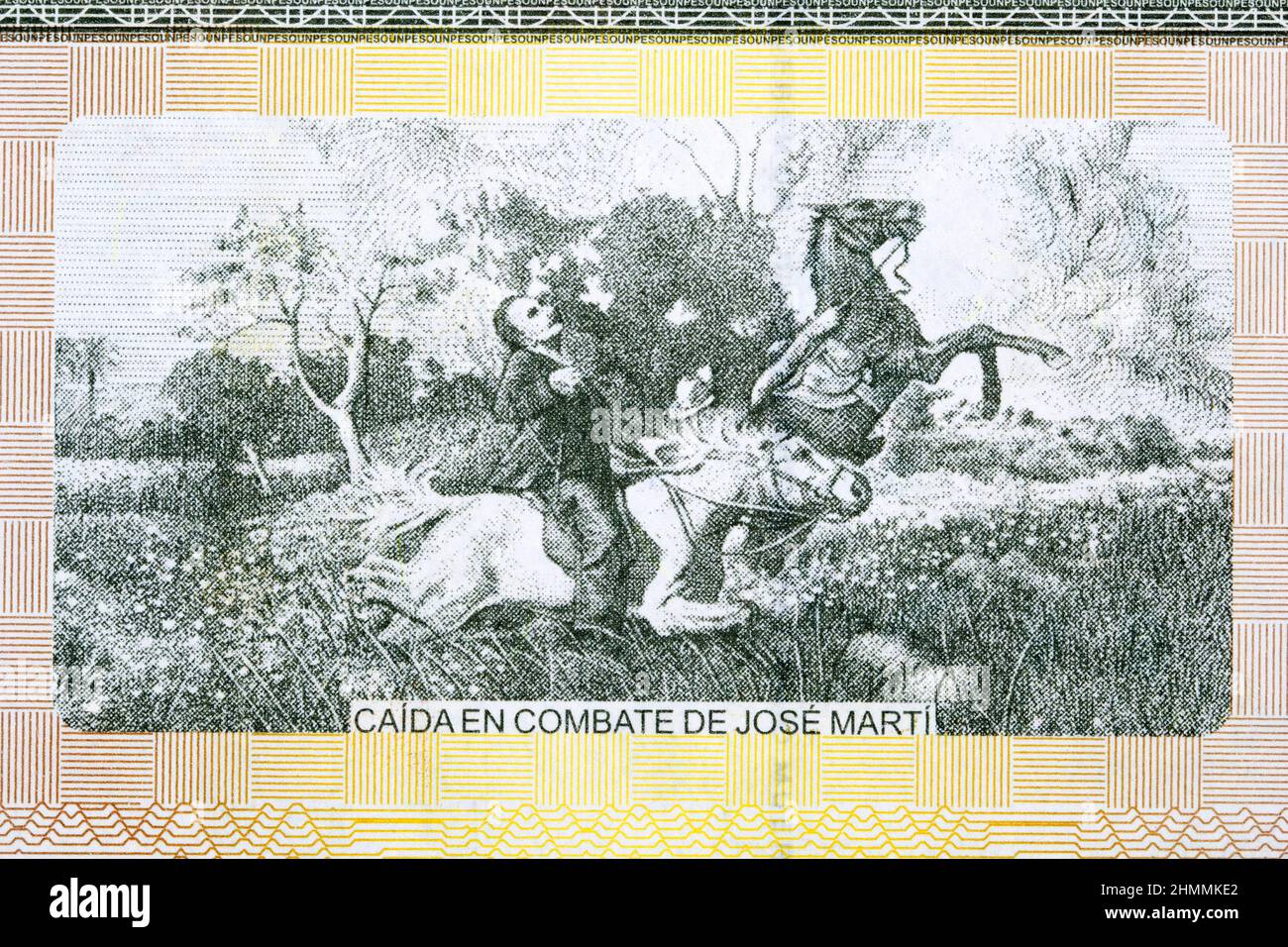 Mort de José Marti au combat au sommet d'un cheval à la bataille de dos Rios de l'argent cubain Banque D'Images