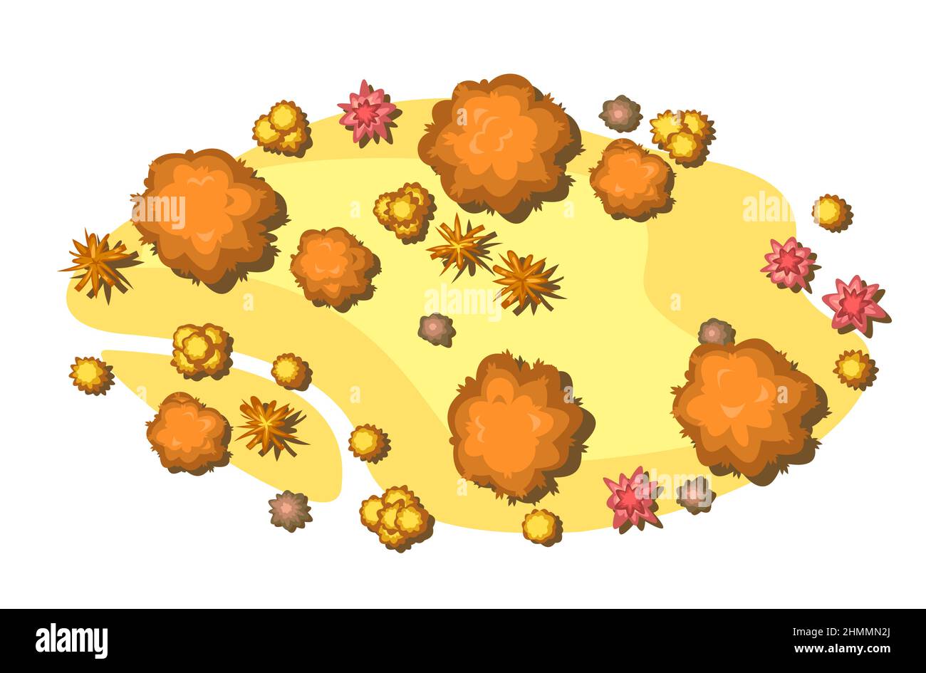 Ellipse paysage vue de dessus. Scène avec des arbres et des buissons jaunes et orange de hauteur. Au-dessus de la campagne. Isolé sur fond blanc. Dessin animé Illustration de Vecteur