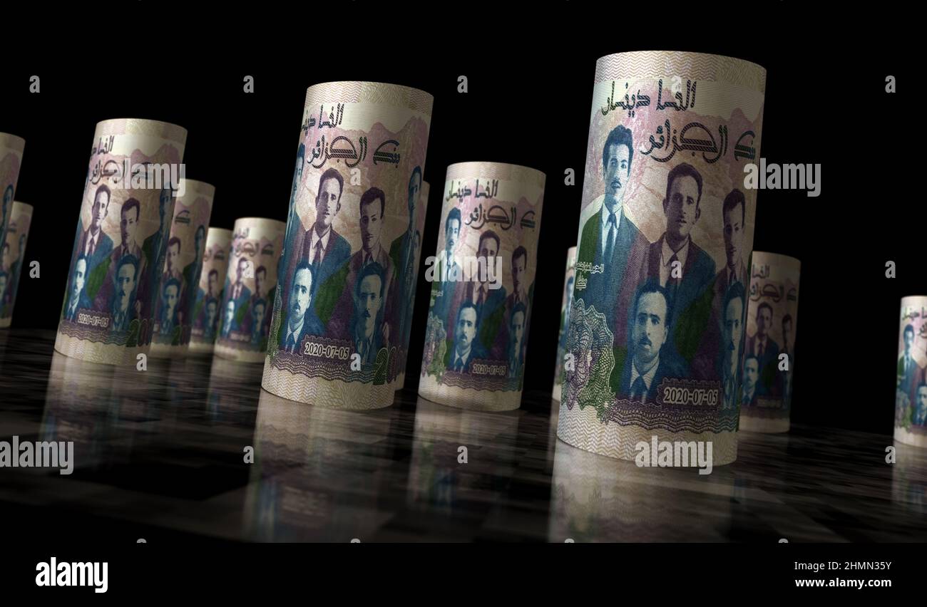Illustration du rouleau d'argent dinar algérie 3D. Billet de banque roulé DZD. Concept de finance, de trésorerie, de crise économique, de réussite commerciale, de récession, banque, impôts et de Banque D'Images