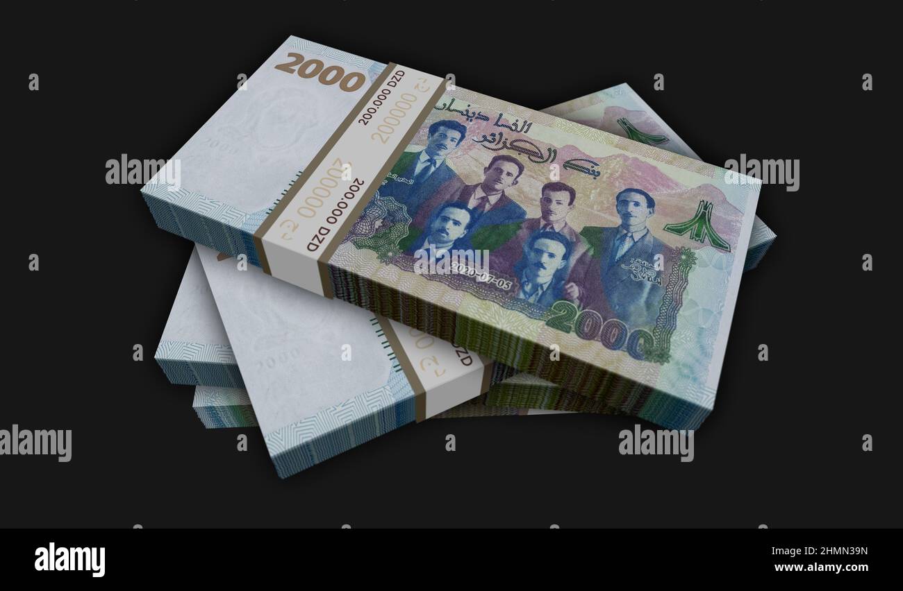 Illustration du pack d'argent dinar algérie 3D. Piles de billets de banque DZD. Concept de finance, de trésorerie, de crise économique, de réussite commerciale, de récession, banque, impôts Banque D'Images