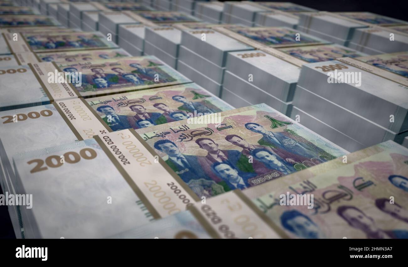 Algérie Dinar Money Printing 3D illustration. Imprimé billets de banque DZD. Concept de finance, de trésorerie, de crise économique, de réussite commerciale, de récession, banque, impôts et Banque D'Images