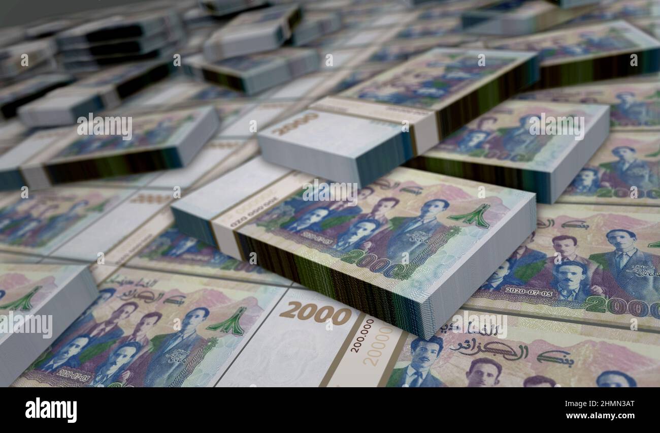 Illustration du pack d'argent dinar algérie 3D. Piles de billets de banque DZD. Concept de finance, de trésorerie, de crise économique, de réussite commerciale, de récession, banque, impôts Banque D'Images